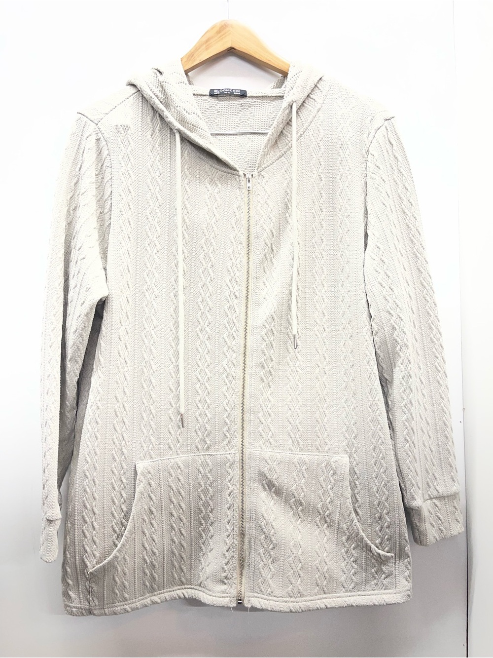 BloomChic Cream Zip-Front Hooded cable‎ knit Cardigan Sweater